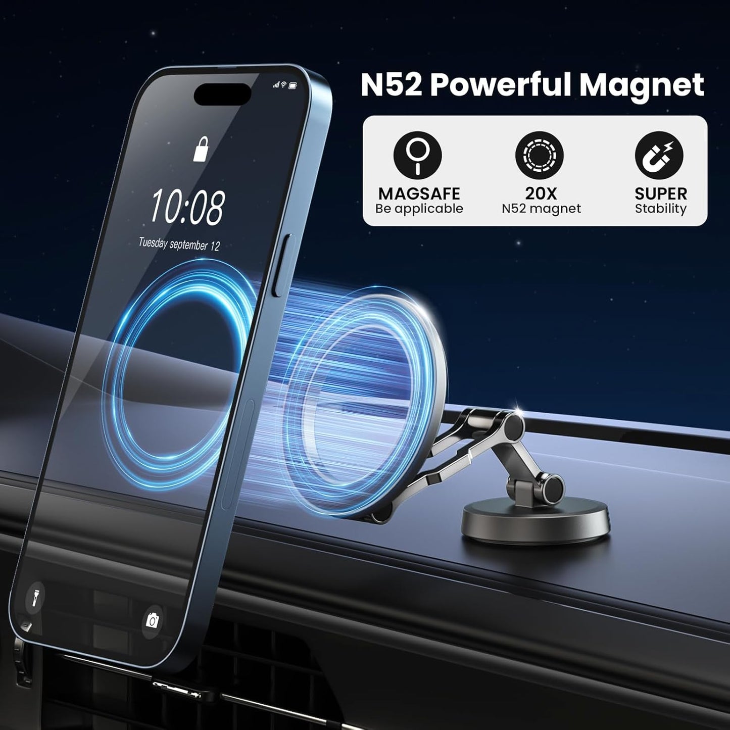 Soporte Movil Coche Para Magsafe,Soporte Magnético Plegable,Rotación De 360°,Succión Potente,Parabrisas & Salpicadero Porta Movil Coche,Todo Metal Soporte Telefono Coche Para Iphone Y Funda Magsafe
