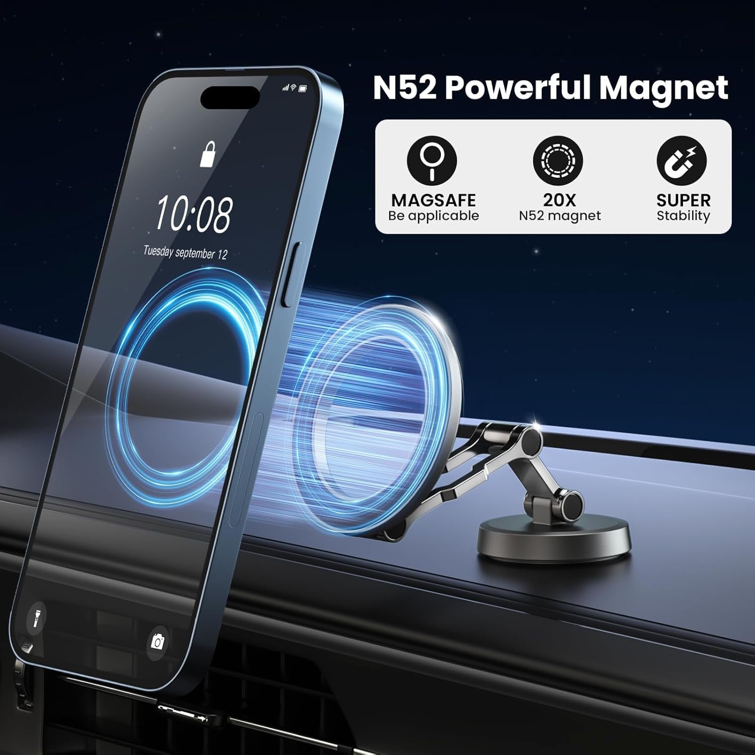 Soporte Movil Coche Para Magsafe,Soporte Magnético Plegable,Rotación De 360°,Succión Potente,Parabrisas & Salpicadero Porta Movil Coche,Todo Metal Soporte Telefono Coche Para Iphone Y Funda Magsafe