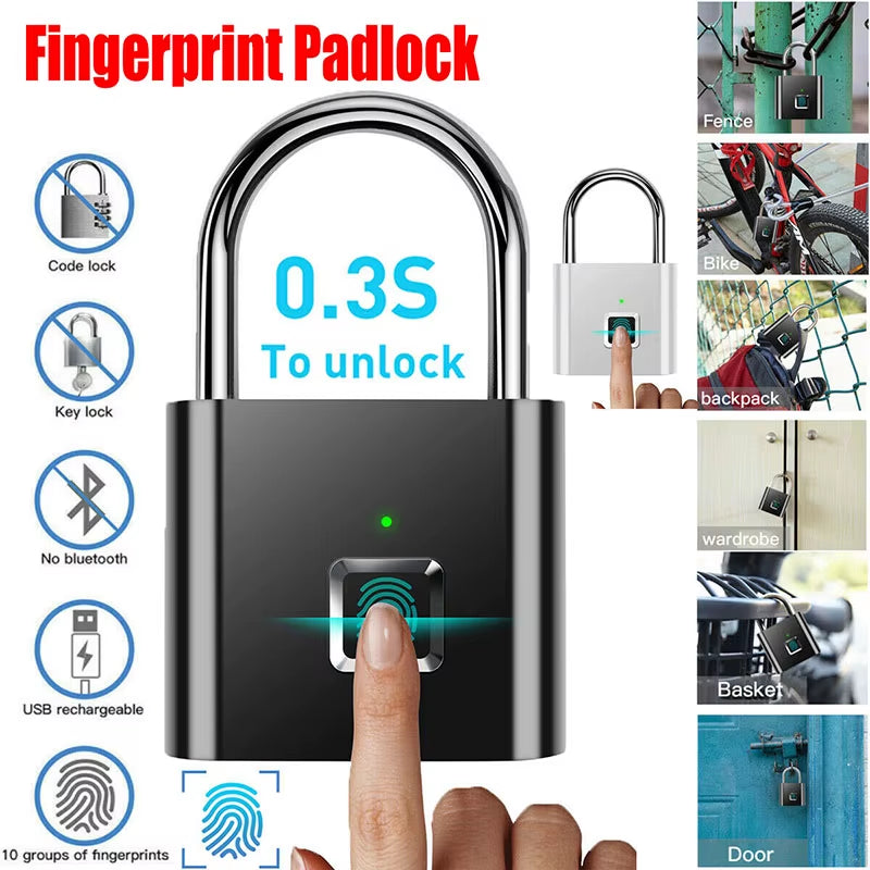 Keyless USB Charging Door Lock Fingerprint Smart Padlock Quickly Unlock Zinc Alloy Metal Self-Imaging Chip 10 Fingerprints